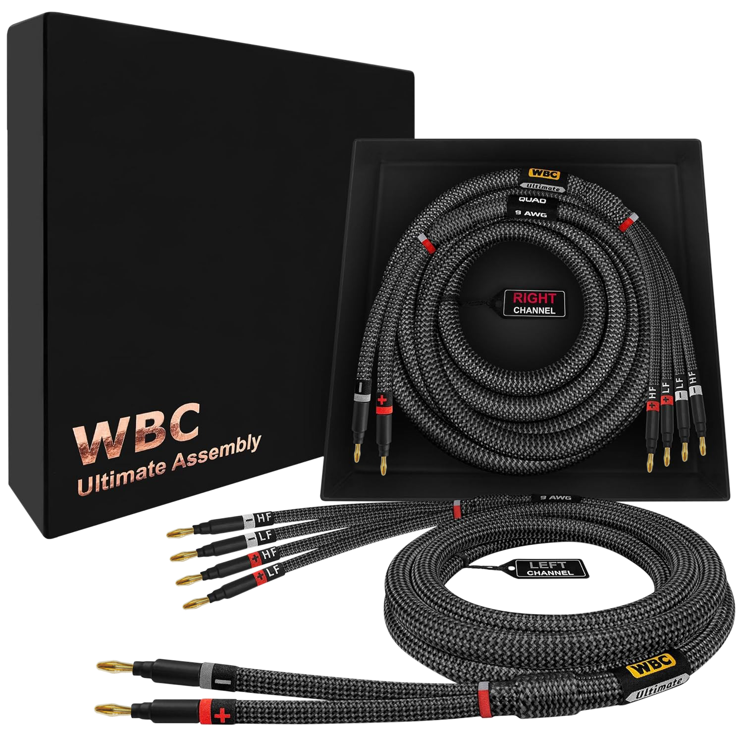 10 foot WBC Ultimate 9AWG Carbon bi-wire pair with Eminence Gold spring banana connectors