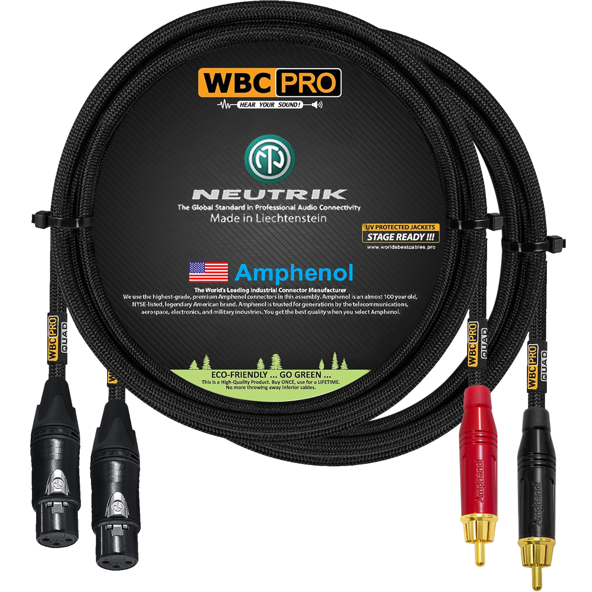 WBC Pro Quad 3 foot cable pair with Neutrik Gold XLR female and Amphenol ACPR RCA connectors