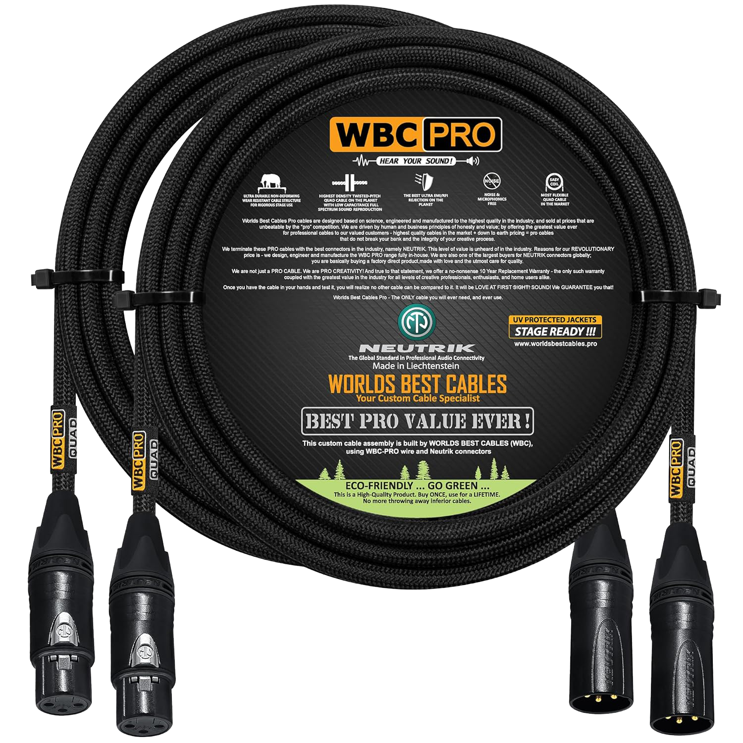 WBC Pro Quad Y cable with 1 female and 2 male Neutrik Gold XLR connectors