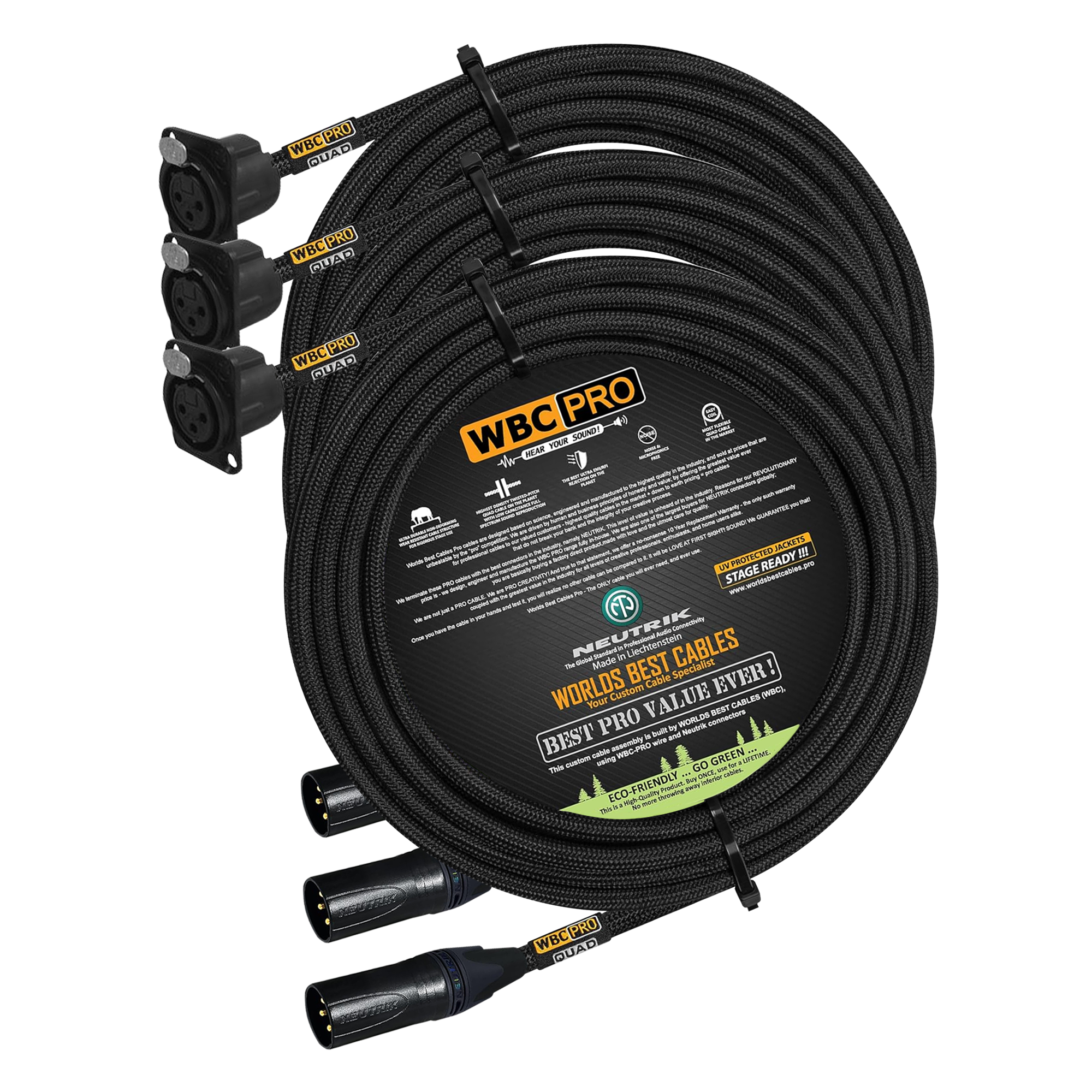10 meter WBC Pro Quad 3 cables with Neutrik Gold XLR male NC3MXX-B and XLR panel type female NC3FD-LX-B connectors