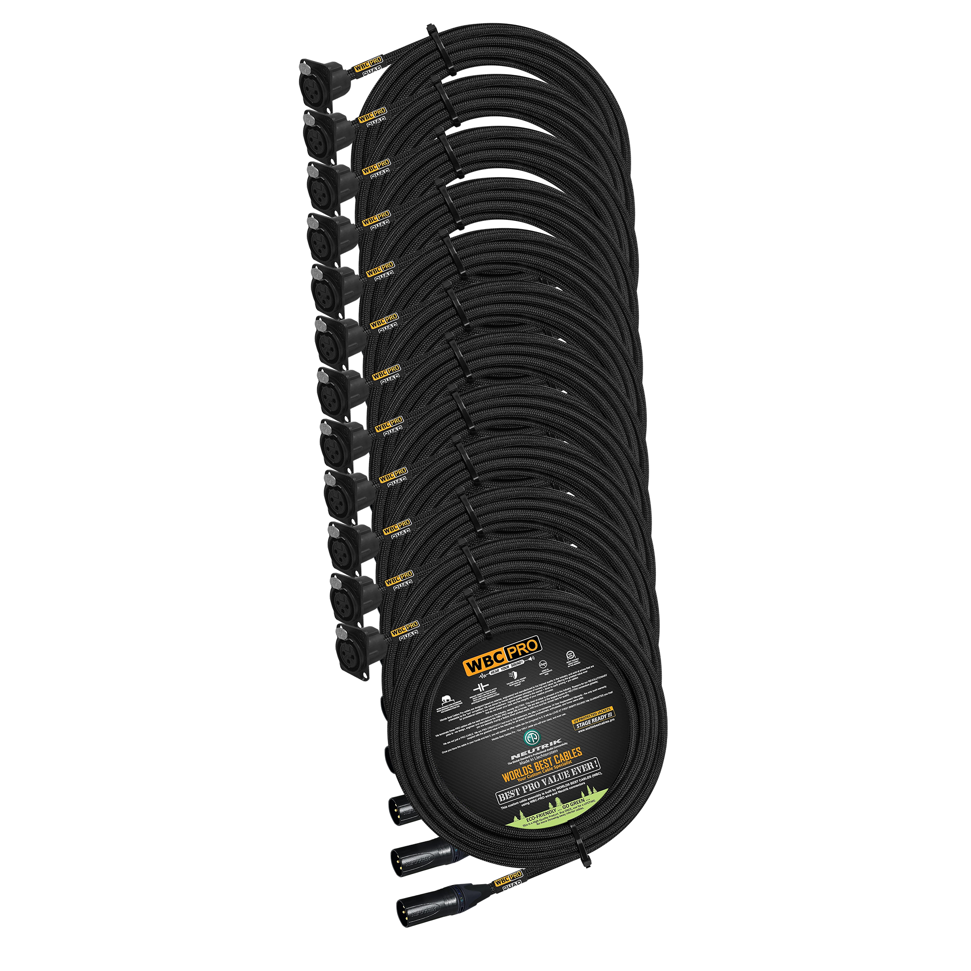 12 meter WBC Pro Quad 12 cables with Neutrik Gold XLR male NC3MXX-B and XLR panel type female NC3FD-LX-B connectors