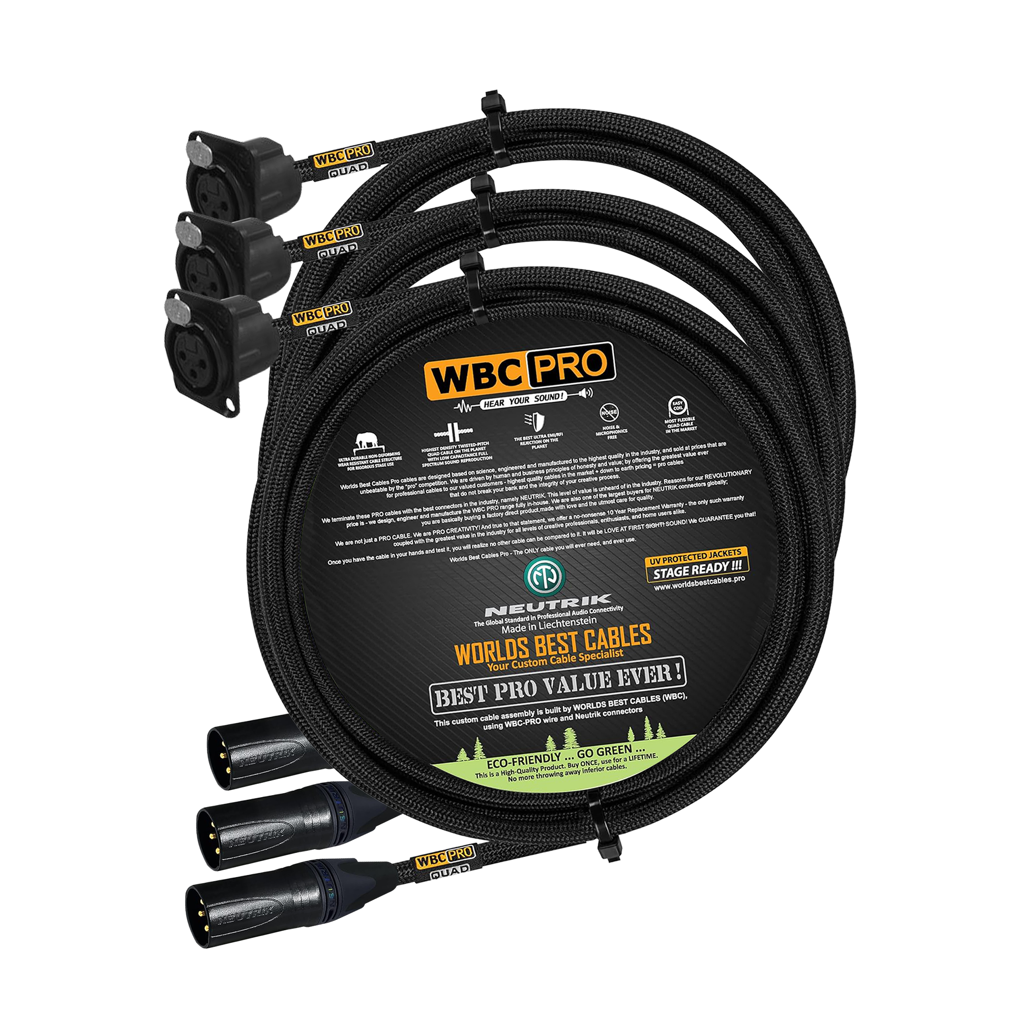 3 meter WBC Pro Quad 3 cables with Neutrik Gold XLR male NC3MXX-B and XLR panel type female NC3FD-LX-B connectors