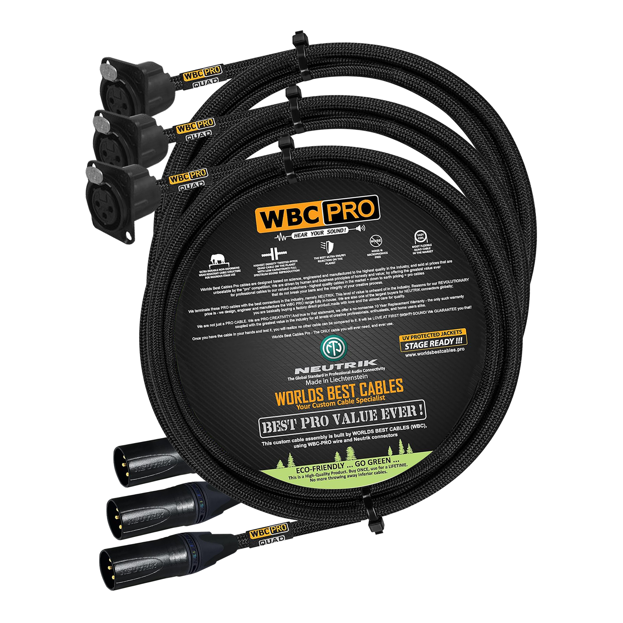 4 meter WBC Pro Quad 3 cables with Neutrik Gold XLR male NC3MXX-B and XLR panel type female NC3FD-LX-B connectors