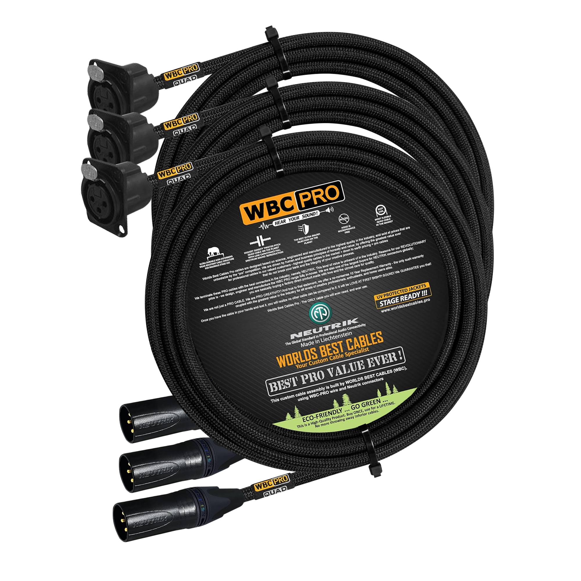 6 meter WBC Pro Quad 3 cables with Neutrik Gold XLR male NC3MXX-B and XLR panel type female NC3FD-LX-B connectors