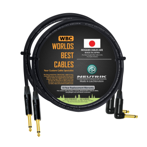 2 foot WBC cable pair using Mogami 3082 wire and Neutrik Gold TS NP2X-B straight and NP2RX-B right-angled connectors