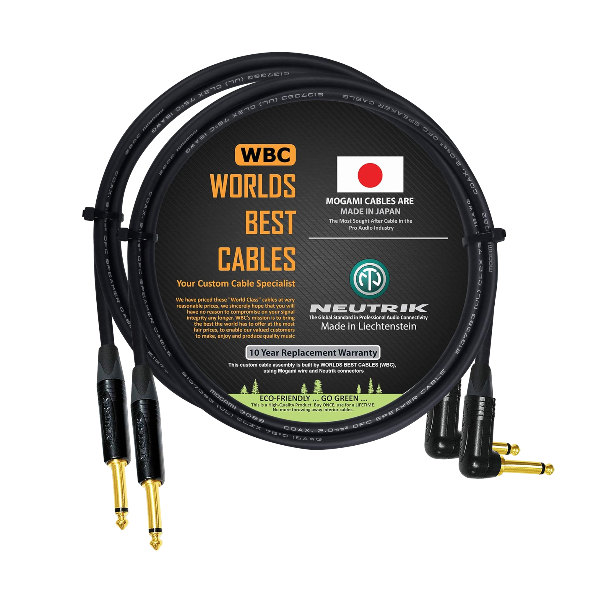 2 foot WBC cable pair using Mogami 3082 wire and Neutrik Gold TS NP2X-B straight and NP2RX-B right-angled connectors