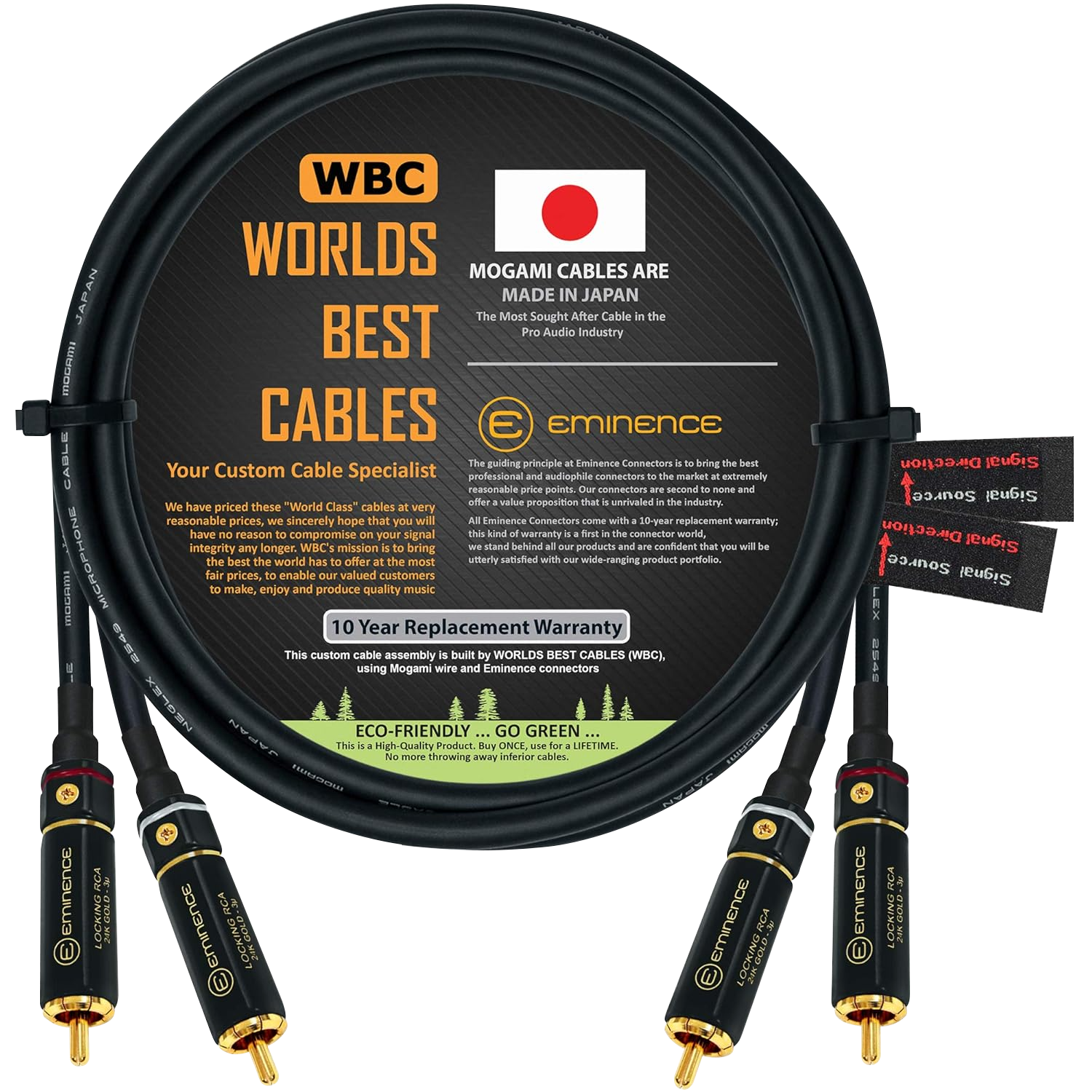 WBC directional RCA cable pair with Mogami 2549 wire and Eminence locking RCA connectors