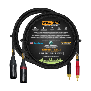 4 foot WBC Pro Quad cable pair with Neutrik Gold XLR male connectors with red and black rings, and Amphenol ACPR red and black RCA connectors