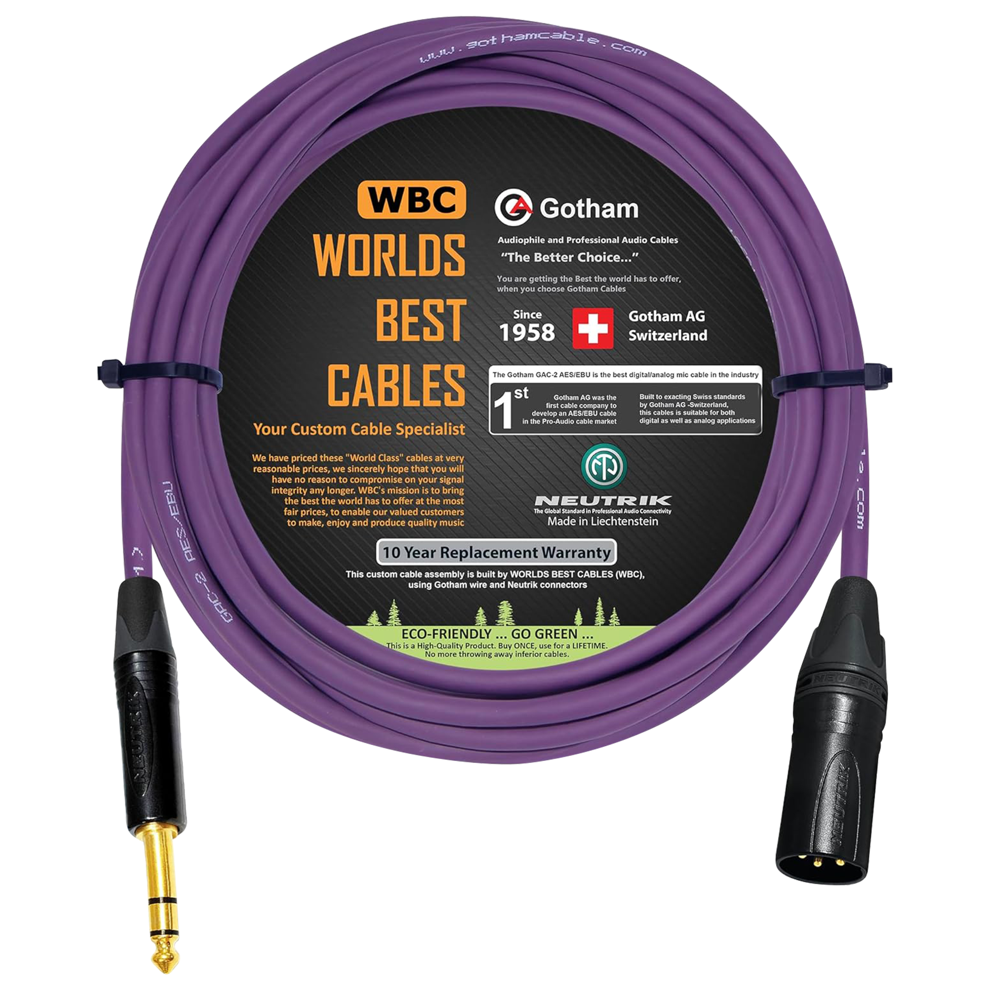 WBC cable with Gotham GAC-2 AES/EBU wire and Neutrik Gold XLR NC3MXX-B and Gold TRS NP3X-B connectors