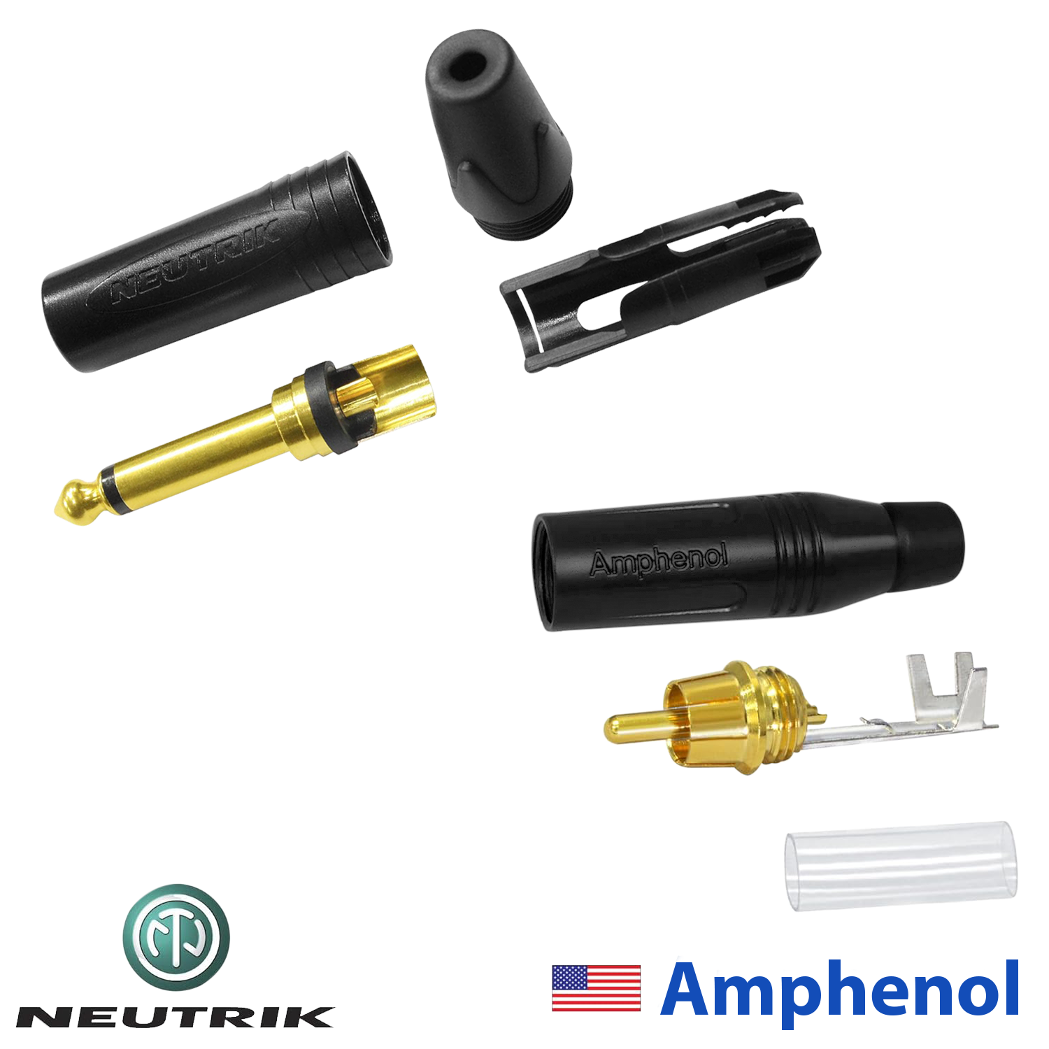 Neutrik NP2X-B male TS and Amphenol ACPR-BLK RCA connector parts