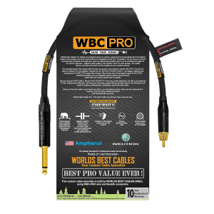 0.25 meters WBC Pro Quad directional cable with Neutrik Gold NP2X-B male TS and Amphenol ACPR-BLK RCA connectors