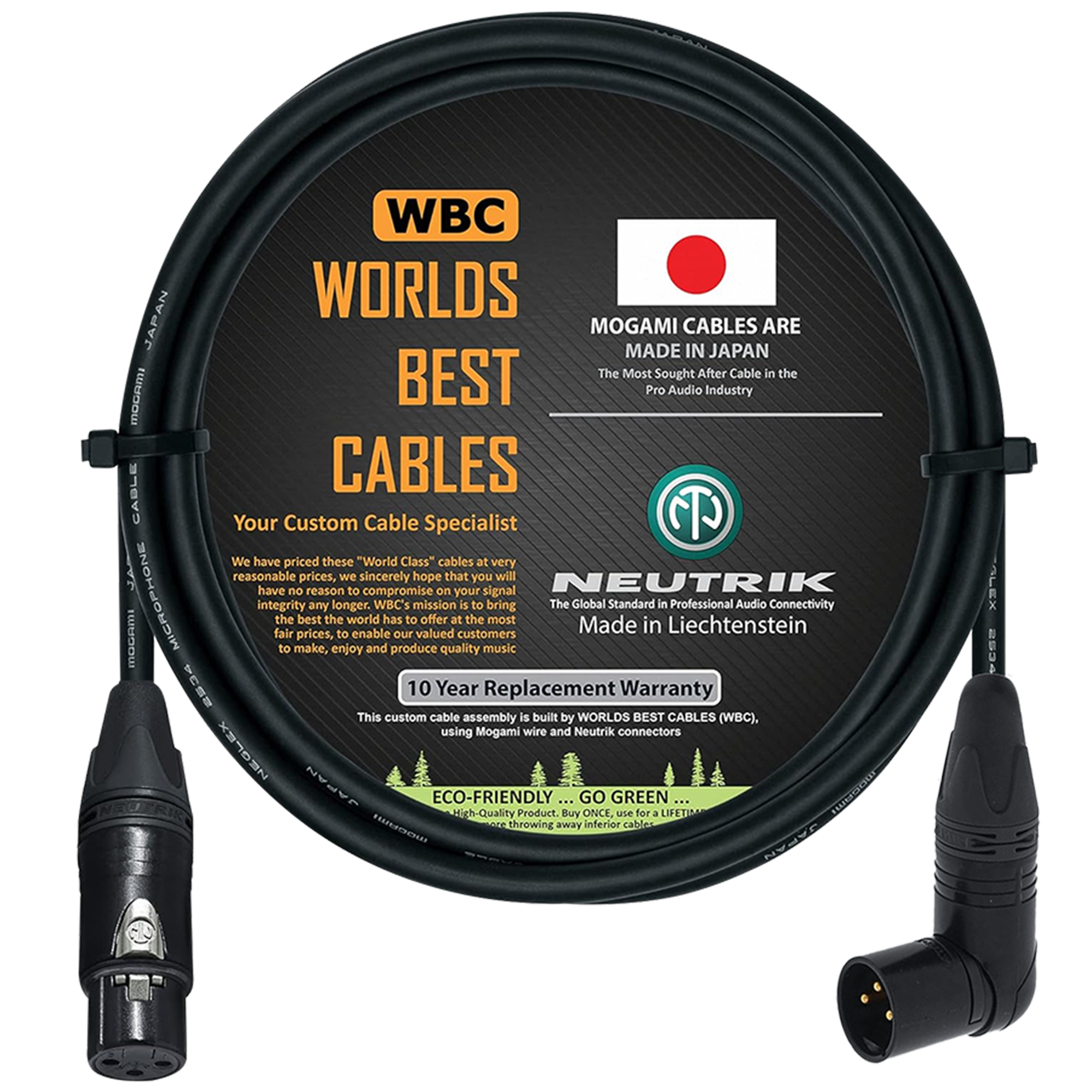 4 foot WBC cable with Mogami 2534 wire and Neutrik Gold NC3MRX-B, NC3FXX-B 90° XLR connectors - 13 Cables