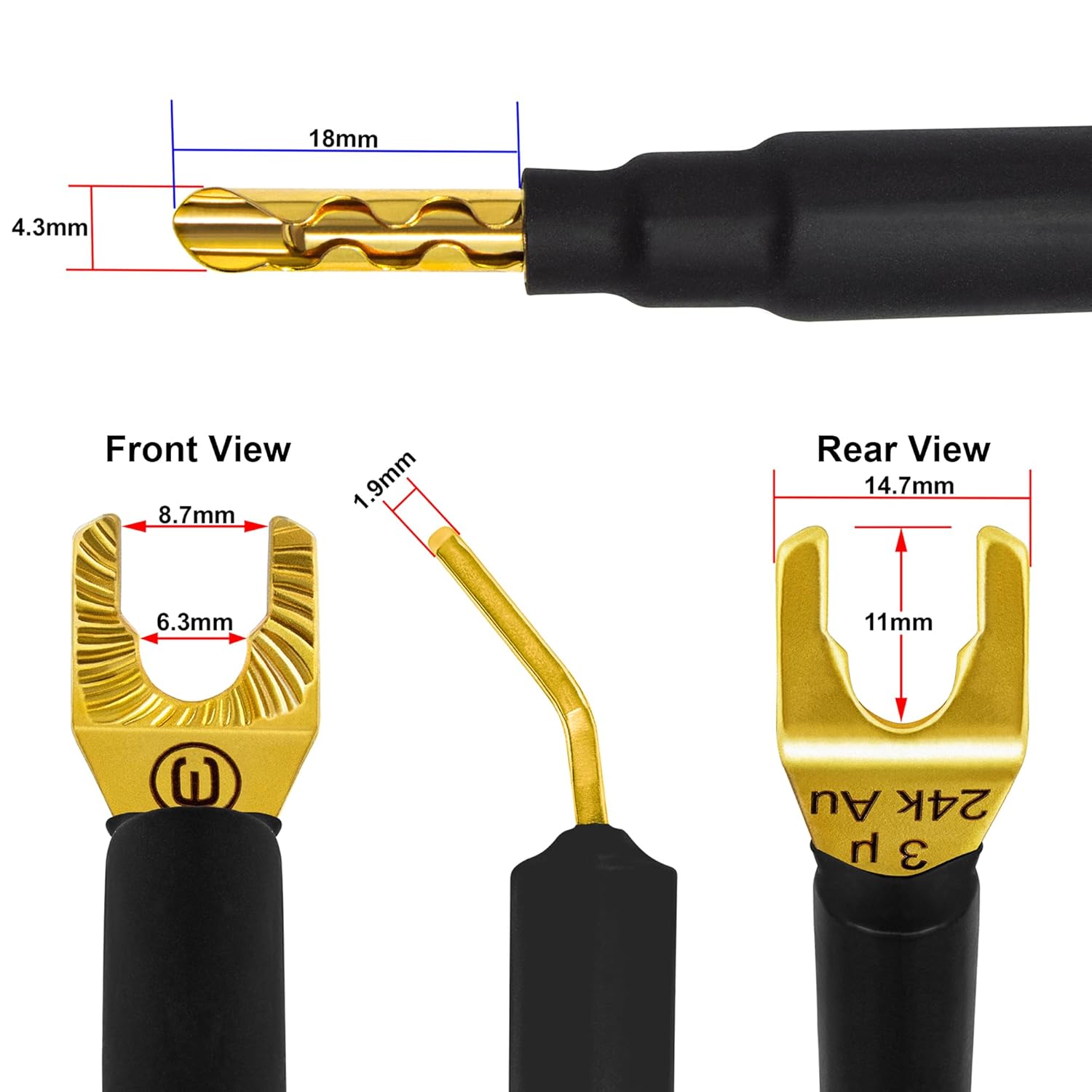 WBC Ultimate 7AWG Carbon 2x2 with Eminence Gold banana - spade connector dimensions
