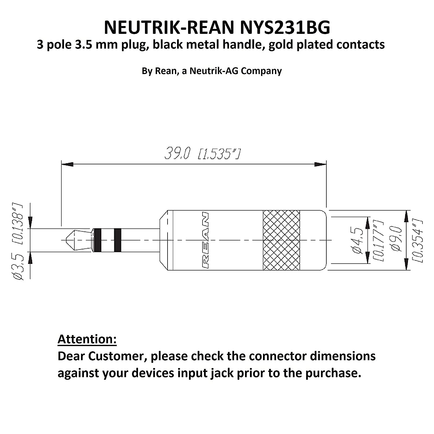 Rean RTP3C-B Mini TRS Gold Connector Technical Drawing